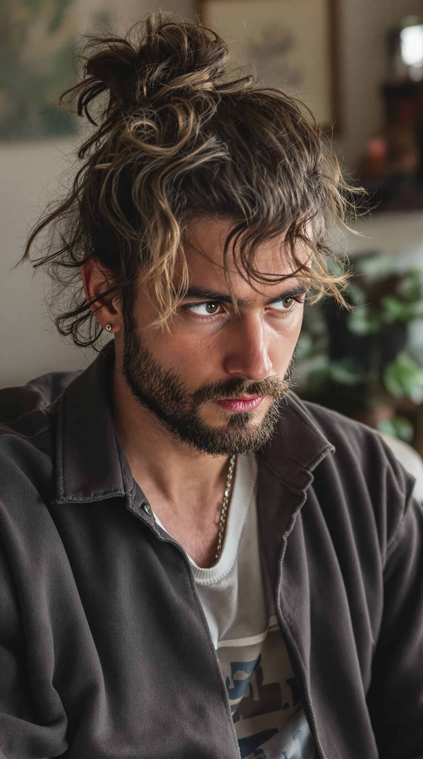 A man with a messy wavy bun hairstyle, showcasing relaxed and stylish hair.