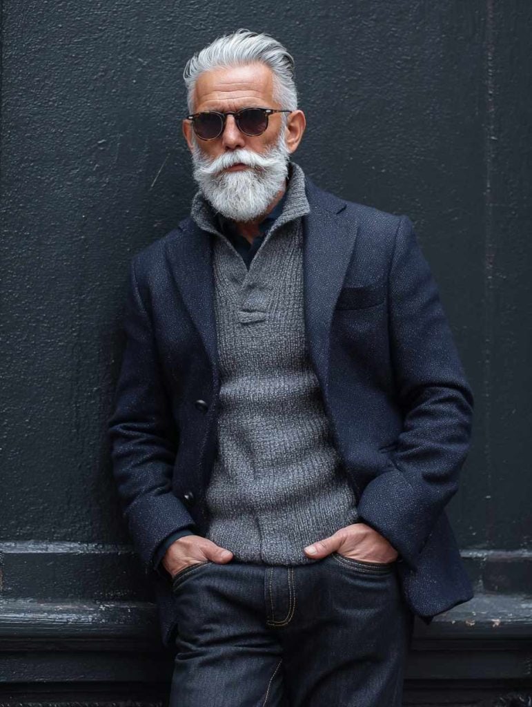 man_over_45_gray_hair_and_beard_Monochrome outfit