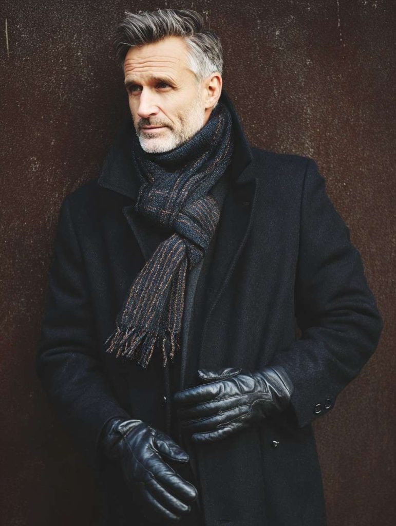 Long Coat + Scarf + Leather Gloves men over 50