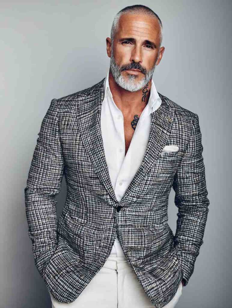 handsome_man_over 50, Checkered Blazer + White Shirt + Trousers