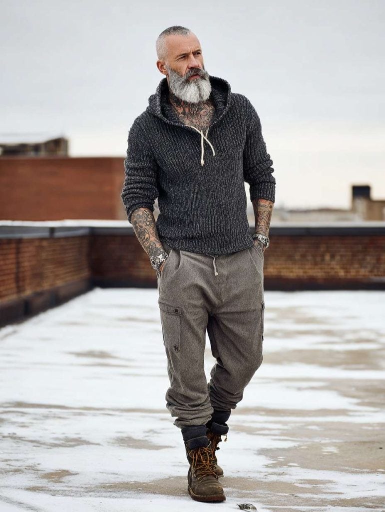 handsome_man_over 50, Hooded Knit Sweater + Trousers + Boots